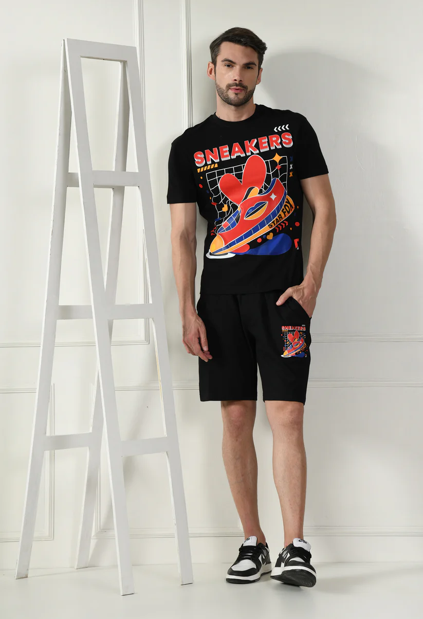 CS411BBlack__6 Raven Black Printed T-shirt & Shorts Co-Ord Set - Image 1