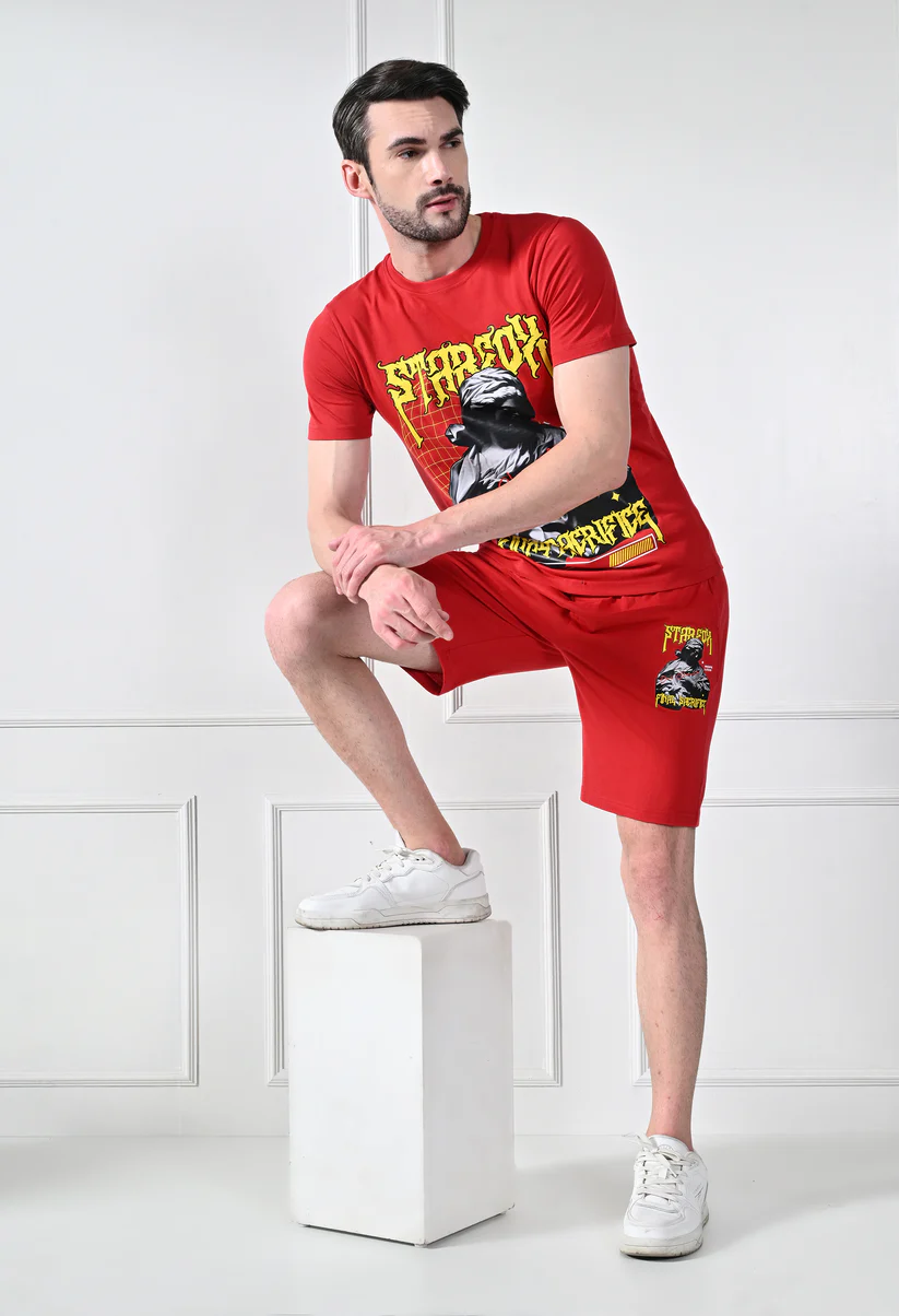 CS411BRed__8 Red Printed T-Shirt With Shorts Co-Ord Set - Image 1